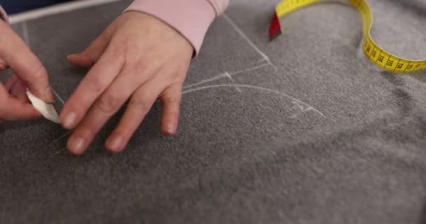 Seamstress Chalk Taking Measurements Fabric Dressmaker Creates Markings Fabric — Stock video