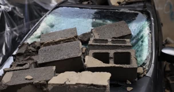 Consequences Devastating Earthquake Car Buried Rubble Concrete Blocks Hood Car — Stock Video