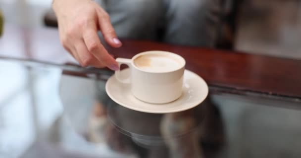 Closeup Hand Taking Cup Coffee Table Drinking Coffee Benefits Harms — Stock Video
