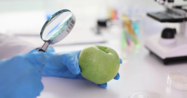 Mikroskopijne Badanie Powierzchni Jabłka Naukowiec Szkłem Powiększającym Badający Jabłko Laboratorium — Wideo stockowe