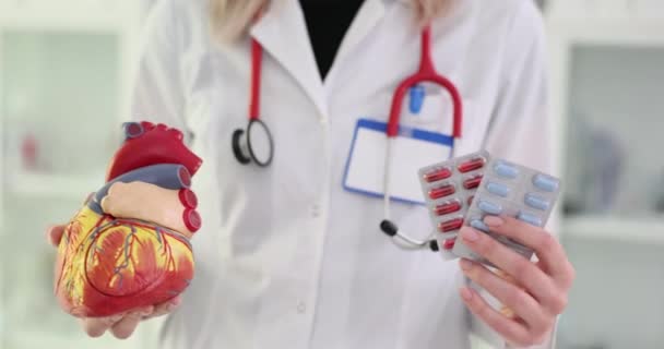 心臓専門医の手の中にある人間の心臓と錠剤のモデル 心臓薬の分類について — ストック動画