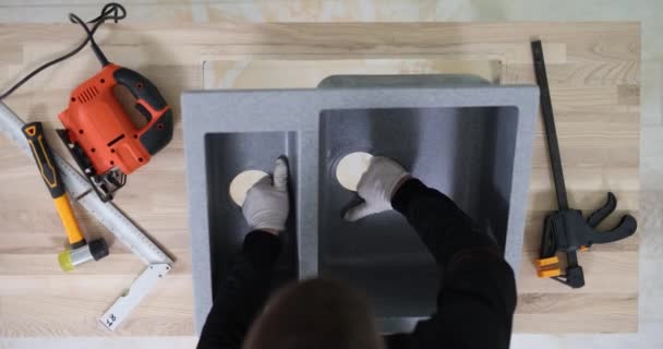 Installing Double Sink Wooden Countertop Master Inserts Sink Countertop — Stock Video