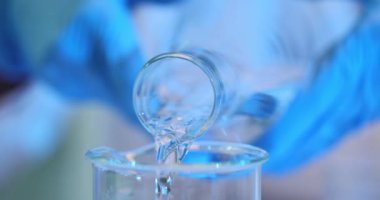 Koruyucu eldivenli bir laboratuvar çalışanı cam şişeye sıvı döker. İşçi ağır çekimde deneyler için ayırıcılar hazırlar.