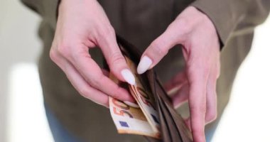 Kadın elleri cüzdandaki euro banknotlarını sayıyor. Avrupa 'da kadın maaşı