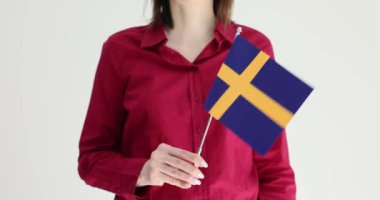 Woman waving small Sweden flag. Swedish fans