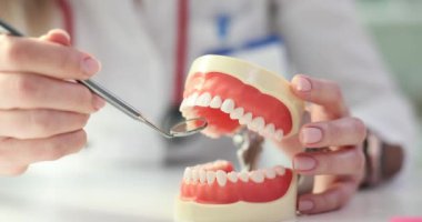 Diş hekimi ağız aynası kullanarak diş ve diş etlerini inceliyor. Teşhis ve diş tedavisi