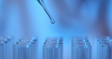 Laboratuvarda pipetten test tüpüne bir damla sıvı. Test tüpüne toksik sıvı damlası koyduk.