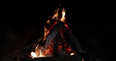 Karanlıkta şöminede yanan sıcak ahşap. Ormanda güzel bir gece yangını