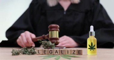 Yargıç tokmağı taktı ve işlemlerin başlaması için işaret verdi. Profesyonel yargıç minyatür tahta bloklarla masada oturup LEGALIZE kelimesini oluşturuyor.