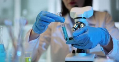 Lateks eldivenli bilim adamları laboratuarda mikroskop yakınında mavi sıvı test tüpüne dönüşüyor. Kimyager, şeffaf sıvı kontrol tepkisini gözlemler