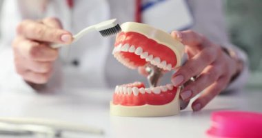 Diş hekimi randevusu sırasında hastaya diş fırçalama tekniği gösteriyor. Hijyenist müşterinin en uygun oral bakım prosedürlerini anlamasına yardımcı olur