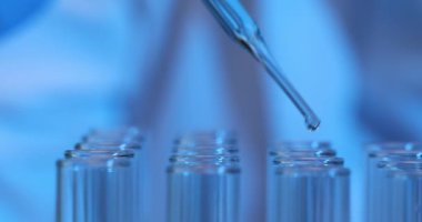 Laboratuvar çalışanı yavaş çekimde cam pipetle test tüplerine sıvı reaktör damlatıyor. Bilim adamı derin araştırmalar için örnekler hazırlıyor.