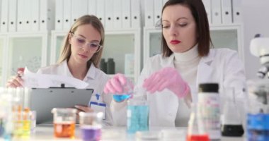 İki bilimadamı laboratuvarda mavi sıvıyla kimyasal bir deney yapıyor. Zehirli çözücü ve kimyasal deney