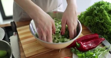 Kadın elleri, taze salatayı ahşap masa üstünde kaseye karıştırıyor. Taze sağlıklı salata hazırlıyorum.