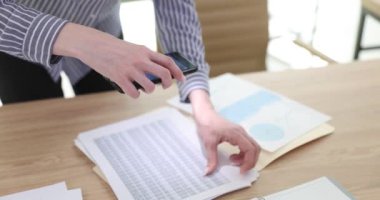 Akıllı telefondan mali raporları fotoğraflayan bir yönetici. Bilgi ve mali veri hırsızlığı