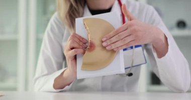 Doktor, klinikteki anormallikleri tespit etmek için yapay göğüs sarıyor. Jinekolog mamolojist meme modelini kullanarak memelerde yumru olup olmadığını kontrol ediyor..