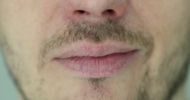 Neşeli, mutlu, gülümseyen, dişleri olan pozitif adamın yakın çekimi. Sakallı adam sağlıklı müşteri ve gülümse.