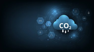 Koyu mavi arka planda küresel ısınmayı sınırlamak için CO2 emisyonlarını azaltmak. İklim değişikliğini durdurmak için yenilenebilir enerji, ağaç ekimi ve yeşil enerji üzerinde sürdürülebilir kalkınma ile düşük CO2 seviyeleri.