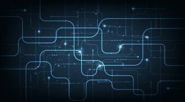 Teknoloji devre kartı dokusu. Elektronik anakart illüstrasyonu. Koyu mavi arka planda elektronik devre. Vektör illüstrasyonu.