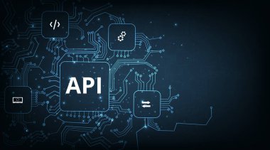 Uygulama Programlama Arayüzü (API) kavramı. Yazılım geliştirme aracı, bilgi teknolojisi, modern teknoloji, internet ve ağ konsepti koyu mavi arkaplan üzerine.