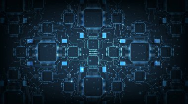 Koyu renk arkaplan üzerine devre kartı elektronik tasarımı. Yüksek teknoloji devre kartı bağlantı sistemi kavramı. Vektör illüstrasyonu.