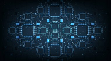 Devre vektör çizim şablonu. Vector soyut teknoloji devre kartı koyu mavi arka plan. Yüksek teknoloji devre kartı bağlantı sistemi kavramı.