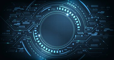 Koyu mavi arkaplanda soyut çember dijital. Fütürist teknoloji arka planı. Devre kartı verileri hakkında illüstrasyon vektör tasarım teknolojisi kavramı.