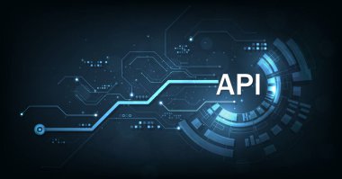 (API)Application Programming Interface. Software development tools, information technology, modern technology on dark blue background.
