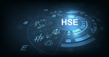Health Safety Environment (HSE )concept.Health Safety Environment for Standard safe industrial work. HSE Icon Set on dark blue background.