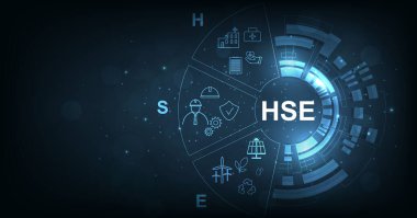 Koyu mavi arka planda Sağlık Güvenliği ve Çevre (HSE). Standart Sanayi Çalışmaları İçin Sağlık Güvenliği Ortamı.