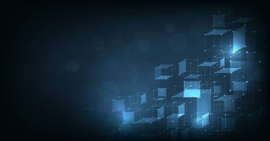 Blockchain technology concept. Information blocks in cyberspace. Decentralized network. 3D illustration on dark blue background