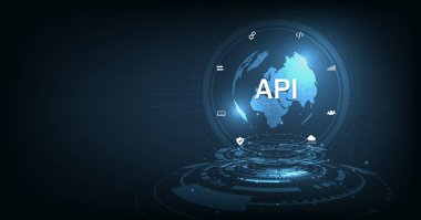 Application Programming Interface (API). Software development tools, information technology, modern technology, internet, and networking concept on dark blue background.