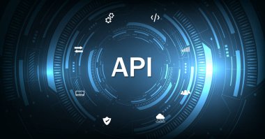 Application Programming Interface (API). Software development tools, information technology, modern technology, internet, and networking concept on dark blue background.	
