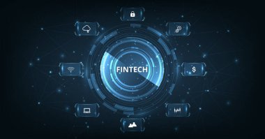 Concept of Financial technology,banking and money transaction.Icon Fintech and things on dark blue technology background.	