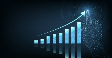 Büyüme işi kavramı, koyu mavi arka planda dijital grafik simgesiyle başarıya ulaştı. Üçgen çizgisi parçacık tasarımından büyüyen grafik simgesi düşük poli.