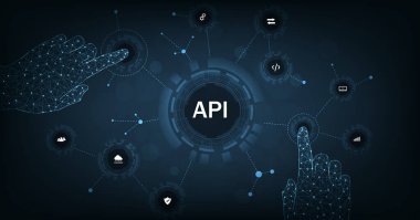 Uygulama Programlama Arayüzü (API) Yazılım geliştirme aracı, bilgi teknolojisi, modern teknoloji, internet ve ağ konsepti koyu mavi arkaplan üzerine.