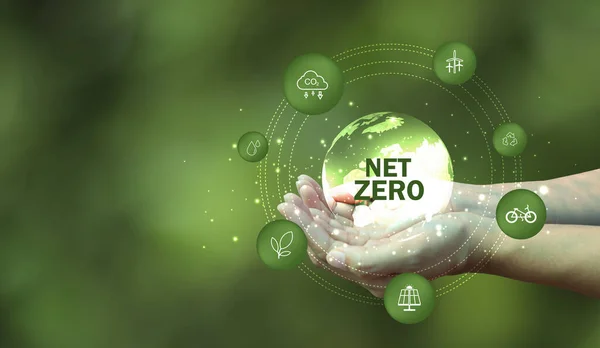 Net Zero emissions concept.Net Zero Emissions Goals With a connected icon on green circles background.