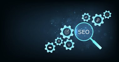 Koyu mavi arka planda arama motoru optimizasyonu (SEO) kavramı. İş şirketleri için internet teknolojisi. Verileri izlemek ve analiz etmek için büyük büyüteç
