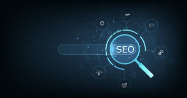 (SEO) Arama motoru optimizasyonu. İş dünyası için internet teknolojisi. Koyu mavi arkaplan üzerinde arama motoru optimizasyonu (SEO) kavramı. 