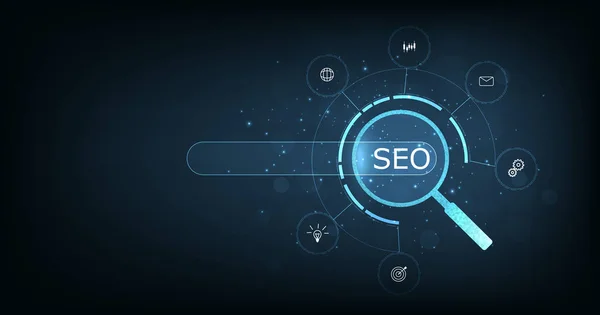 (SEO) Arama motoru optimizasyonu. İş dünyası için internet teknolojisi. Koyu mavi arkaplan üzerinde arama motoru optimizasyonu (SEO) kavramı. 