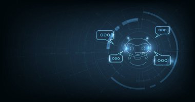 Sohbet robotu ya da sohbet yapay zekası kavramı. Yapay zeka robotları veya yapay zeka insanlarla doğal olarak iletişim kurabilir. Çevrimiçi sistem 33d resimli koyu mavi arka planda robot.