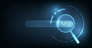 Koyu mavi arka planda arama motoru optimizasyonu (SEO) kavramı. İş şirketleri için internet teknolojisi. Verileri izlemek ve analiz etmek için büyük büyüteç.