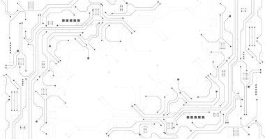 Teknoloji siyah devre diyagramı. Yüksek teknoloji devre kartı bağlantı sistemi. Beyaz arka planda vektör soyut teknolojisi..