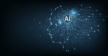 Elektronik beyin ve Yapay Zeka Konsepti (AI). Koyu mavi arkaplana bağlanan devre kartından yapılan dijital beyin ve insan kafası çizelgesi. 