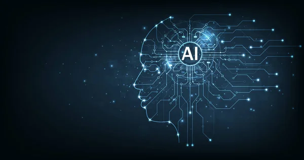 Elektronik beyin ve Yapay Zeka Konsepti (AI). Koyu mavi arkaplana bağlanan devre kartından yapılan dijital beyin ve insan kafası çizelgesi. 