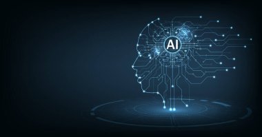 Elektronik Beyin ve Yapay Zeka Konsepti (AI). Koyu mavi arkaplana bağlanan devre kartından yapılan dijital beyin ve insan kafası çizelgesi.