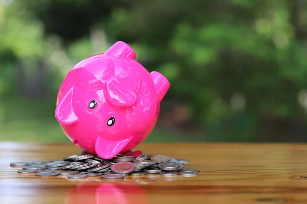 Pink Piggy Bank Encuentra Sobre Espalda Pila Monedas Cambio Tailandés — Foto de Stock