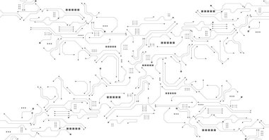 Beyaz arka planda gri siyah devre şeması. Yüksek teknoloji devre kartı bağlantı sistemi. Beyaz arka planda vektör soyut teknolojisi..
