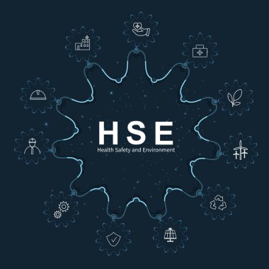 Health Safety and Environment (HSE) on the dark blue background. Health Safety Environment for Standard safe industrial work.	