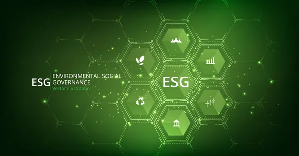 Çevresel Sosyal ve Yönetim (ESG) kavramı. Şirket bir doğa koruma stratejisi geliştirdi ve figür simgeleriyle çevre, sosyal ve yönetim sorunlarını çözdü.